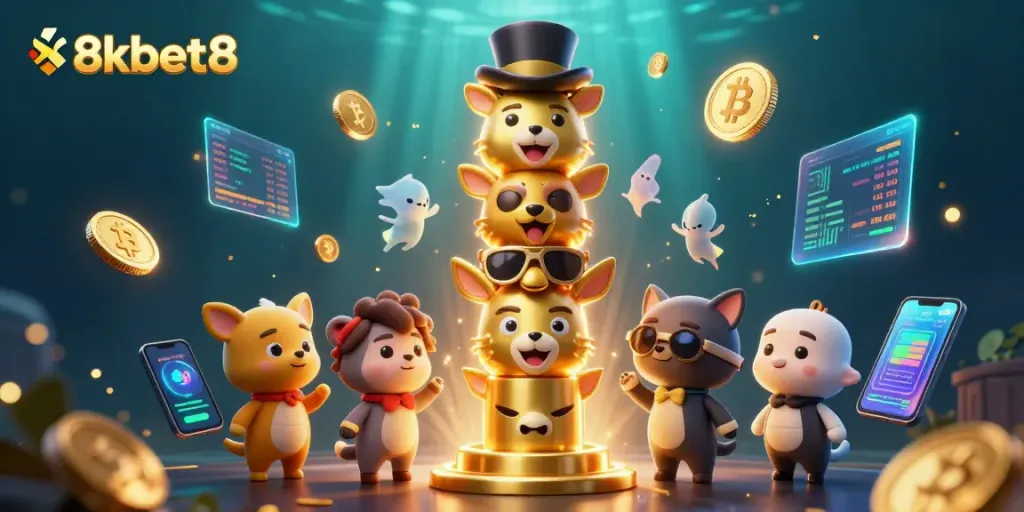 Engage with 8xbet8's dynamic casino universe featuring a golden totem, cryptocurrencies, and vibrant game elements.