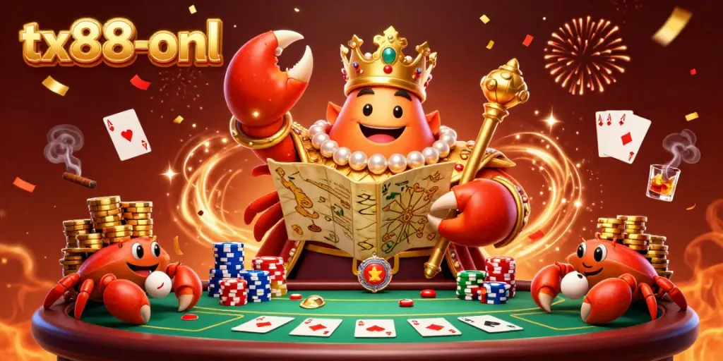 Experience the thrill at tx88-onl with a vibrant scene featuring a golden crab emperor and colorful poker elements.