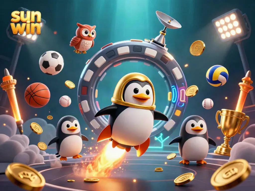 Experience the thrill of sun win with a golden penguin blasting through space toward a vibrant casino.