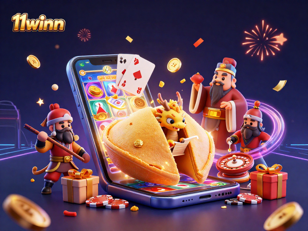 Enjoy winning strategies with 11winn's vibrant gaming scene, featuring animated slots and festive characters.