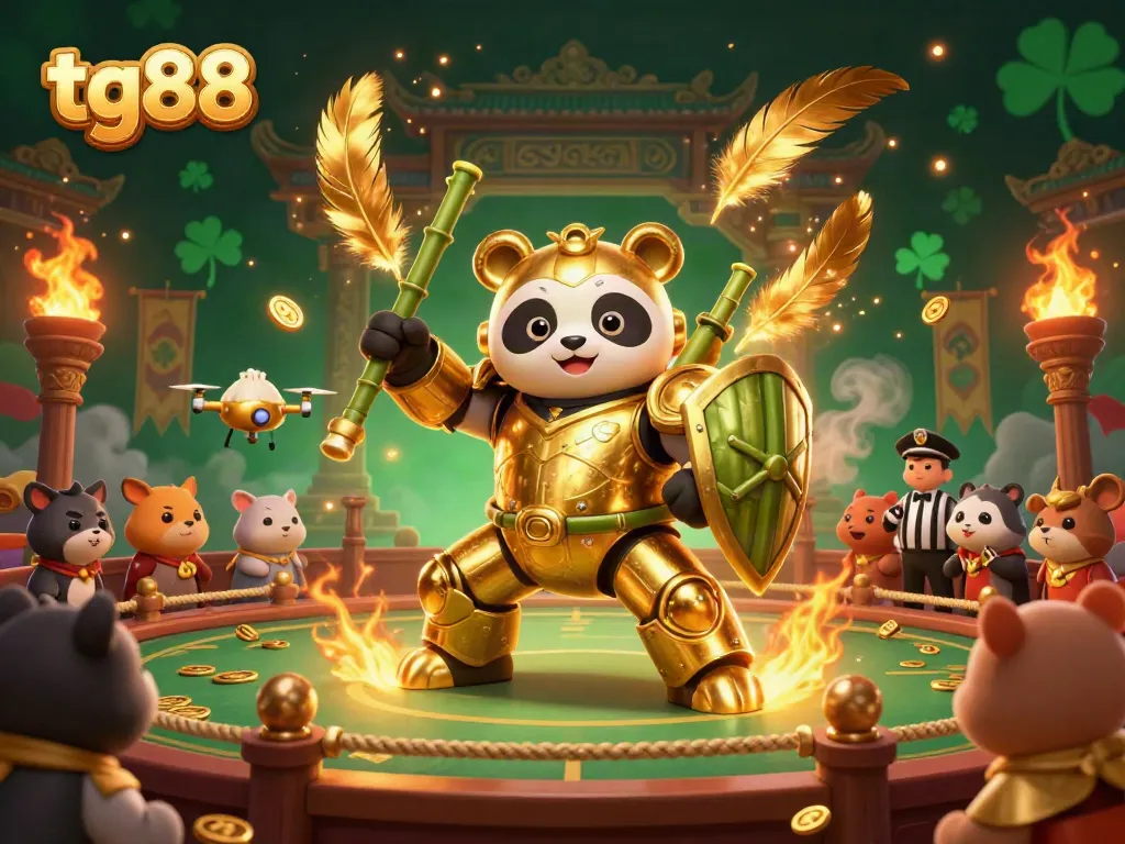 Engage in thrilling gambling with tg88 as a golden panda battles in a vibrant casino arena.