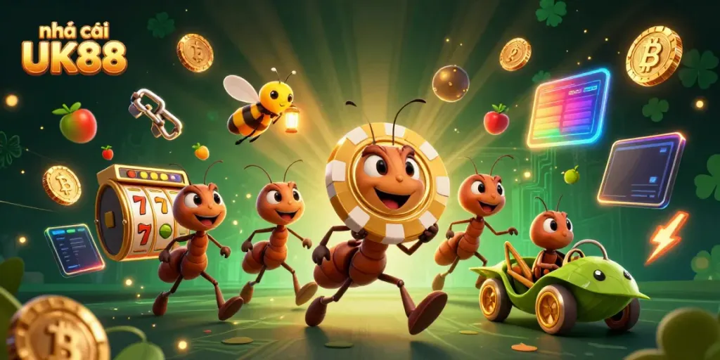 Engaging scene showcasing nhà cái UK88 with cartoon characters in an exciting gambling heist, featuring vibrant slot elements.