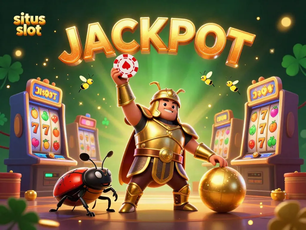 Experience the excitement of situs slot with a dynamic 3D beetle scene celebrating a jackpot win.