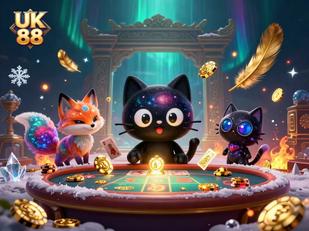 Engage with the thrilling universe of UK 88 casino, featuring a cosmic cat and colorful fox in a vibrant gaming scene.