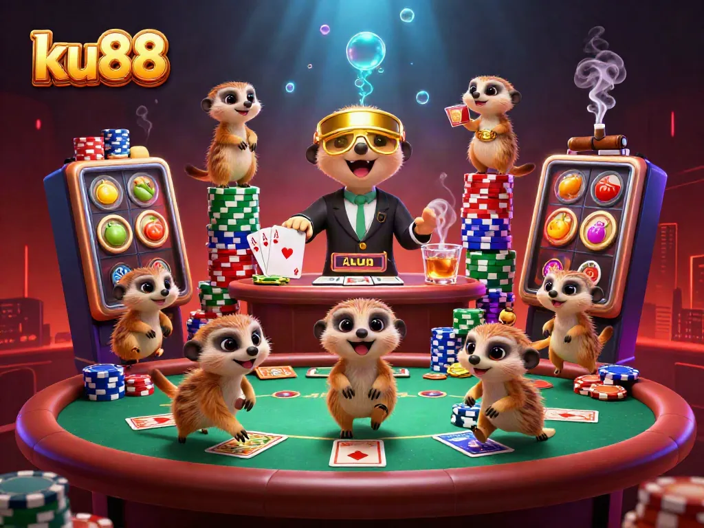 ku88 meerkats managing a vibrant casino scene with poker and slot elements
