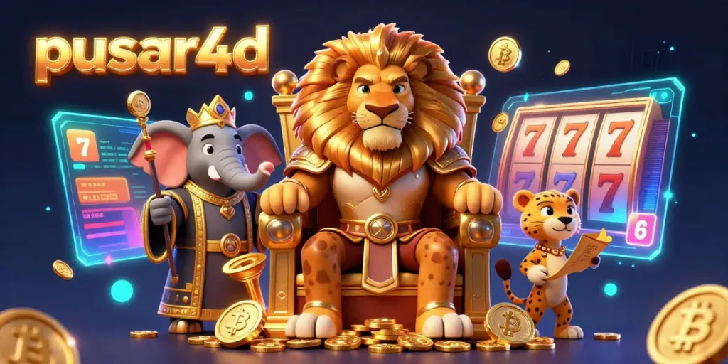 Pusar4d: Enjoy vibrant slot gaming with a fierce lion king on a throne of gold coins.
