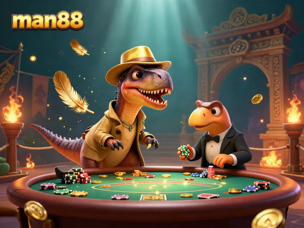 Engaging scene of man88 featuring a velociraptor card counter at a blackjack table, surrounded by casino elements.