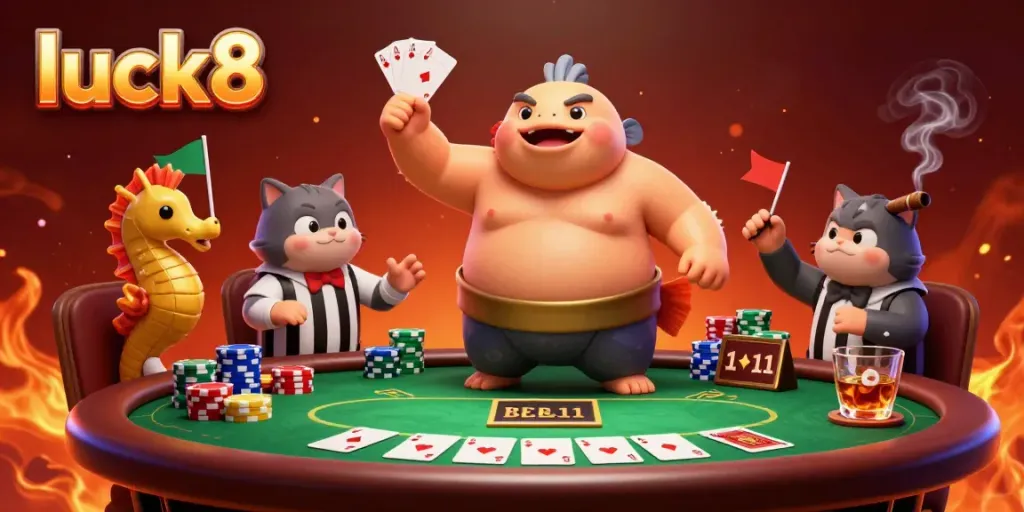 Experience luck8 with a lively underwater poker scene featuring a blowfish wearing a sumo belt.