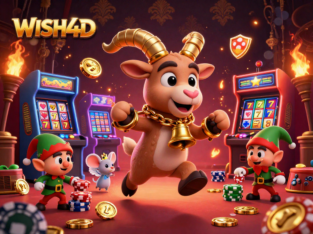 WISH4D brings a thrilling scene of Krampus and elf gremlins amidst vibrant slot elements in a festive casino.