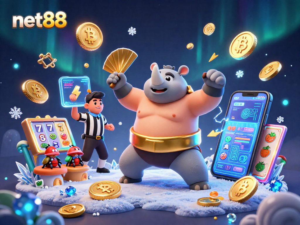 Experience thrilling gaming at net88 with vibrant 3D casino characters amid coins and crypto!