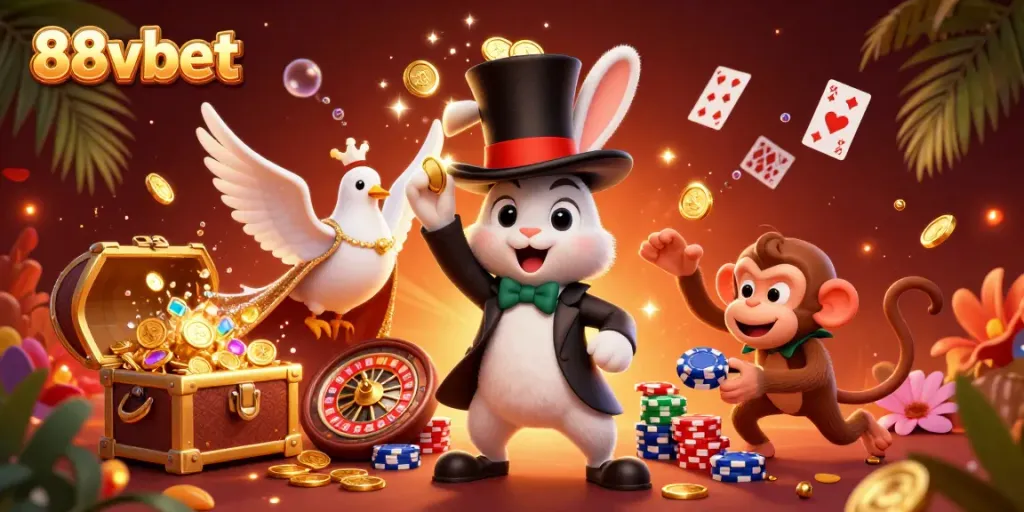 Experience the magic of 88vbet with dynamic characters and casino elements in vibrant action.