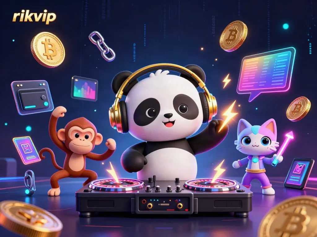 rikvip's vibrant casino scene with a DJ panda and lively characters showcases energetic gaming excitement.