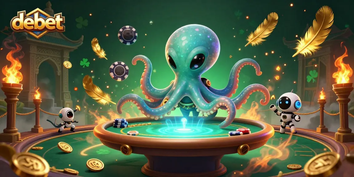 Engage in thrilling poker with debet under an alien octopus at a holographic table.