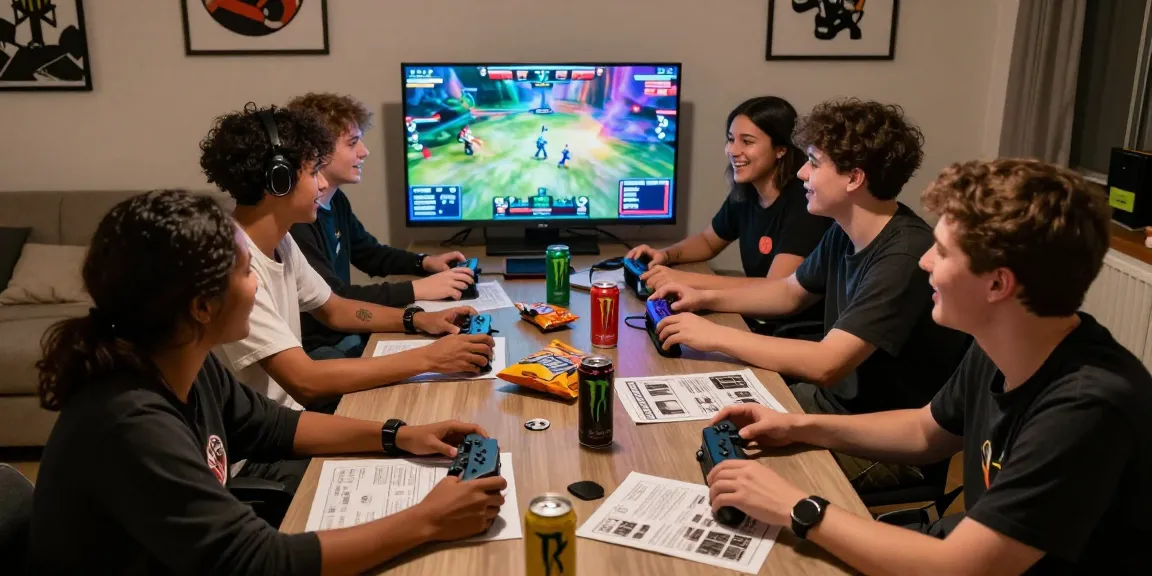 Group of friends enjoying an exciting gaming night with 먹튀스팟 branding visible on screens and guides.