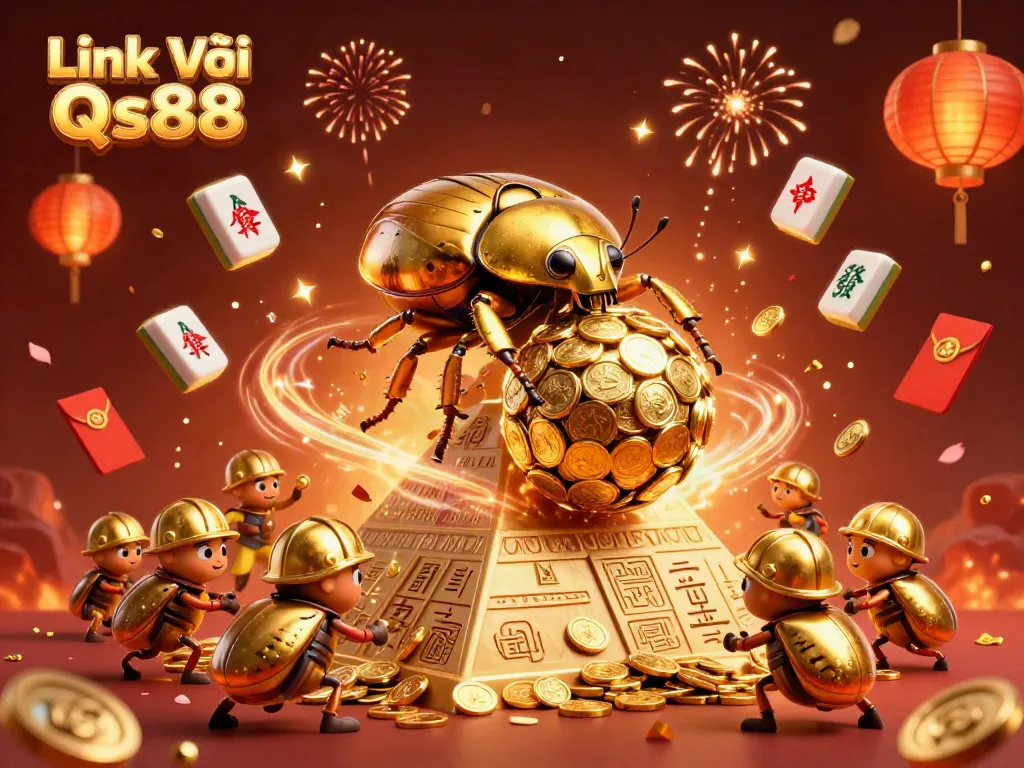 Experience the excitement with Link Vào Qs88 as a golden dung beetle rolls coins, surrounded by casino elements.