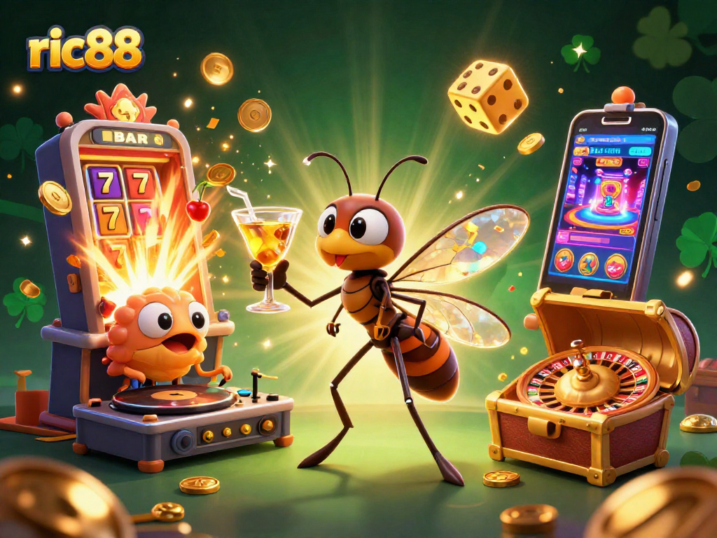 Experience the excitement of ric88 with a vibrant casino-themed illustration showcasing dynamic slot action.