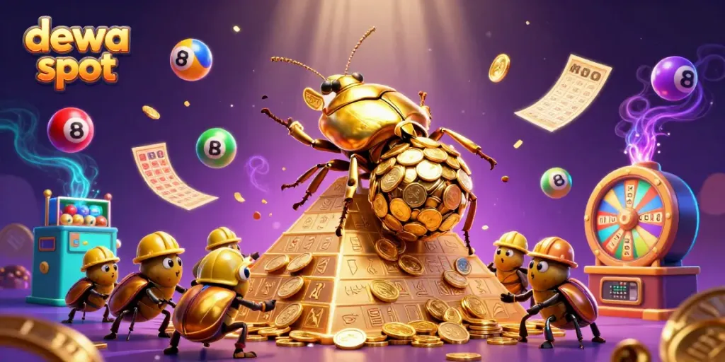 Engage with dewa slot excitement in a vibrant casino-themed scene filled with colorful lottery elements.