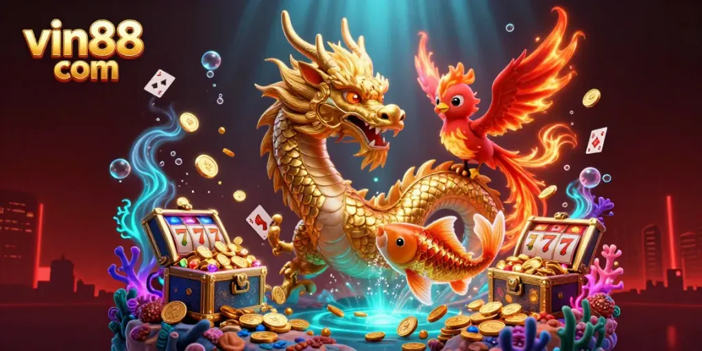 Engage with exciting slots at vin88 com amid dynamic casino visuals featuring a golden dragon.