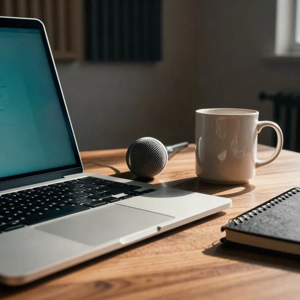 Mroczny pokój szkoleniowy z laptopem, mikrofonem, kubkiem i notatnikiem przed webinarem.