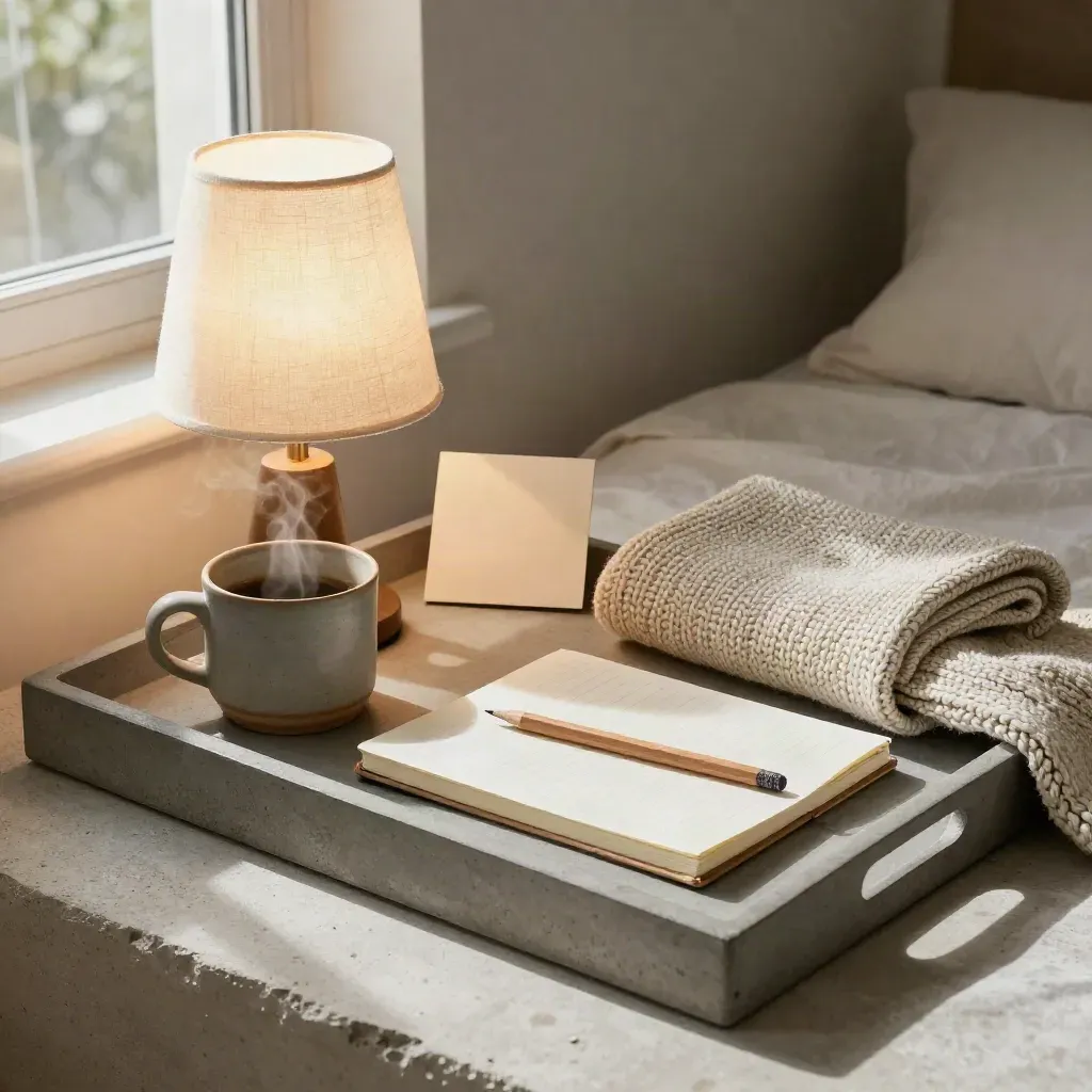 Lampka nocna, kubek z parą, koc, notes i ołówek na kamiennej tacy przy łóżku.