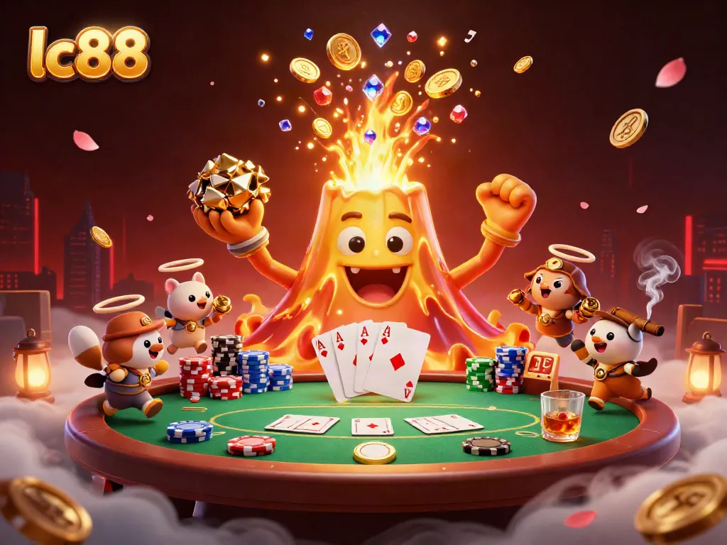 Experience excitement with lc88 as a golden volcano erupts coins and treasures in a vibrant casino.