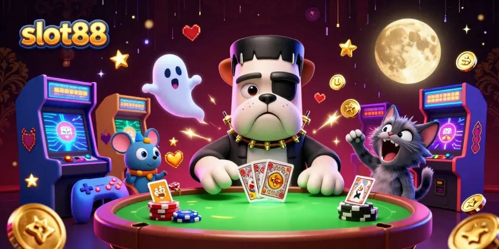 Experience thrilling gameplay with slot88 in this vibrant 3D casino scene featuring unique characters and game elements.
