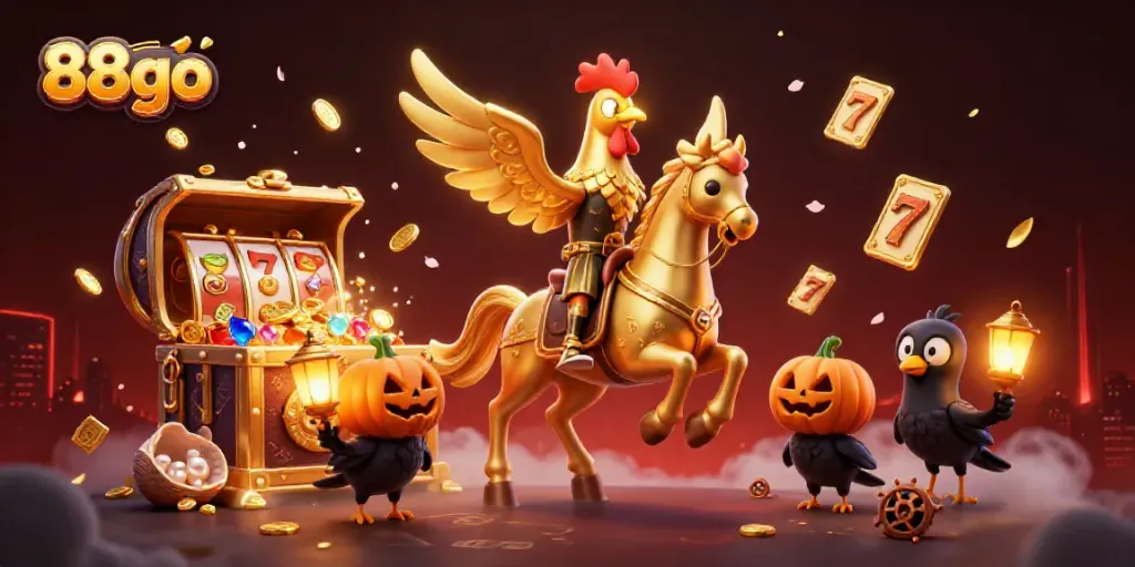 Experience thrilling excitement with 88go in a vibrant casino scene featuring golden rooster characters.
