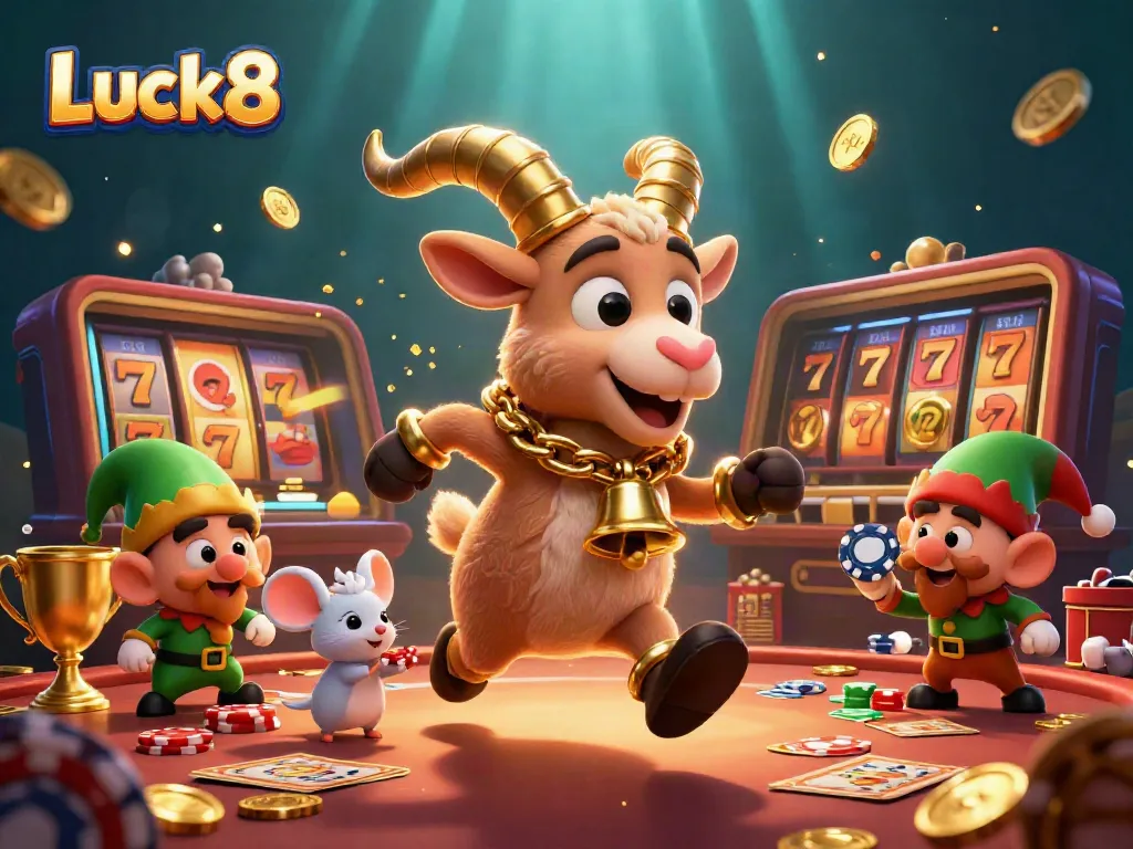 Luck8 brings excitement with a 3D cartoon scene of Krampus and friendly characters in a festive casino atmosphere.