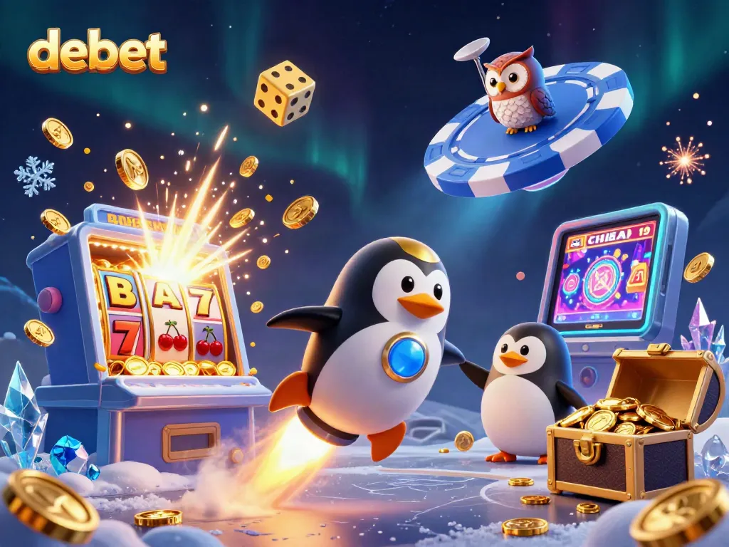Engage in thrilling gaming at Debet with a golden penguin and exciting casino elements.
