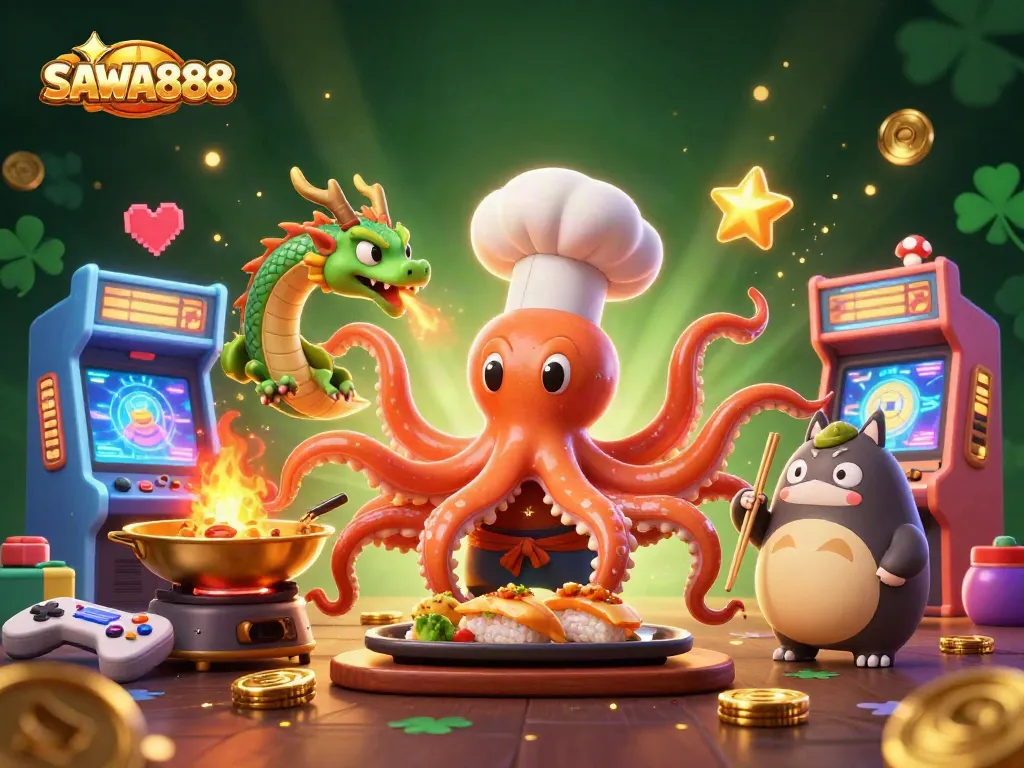 Engage with SAWA888's vibrant 3D casino illustration showcasing dynamic gaming elements.