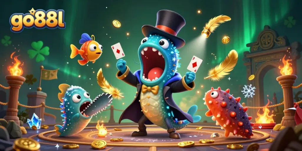 Engage with go88l's vibrant 3D casino scene featuring unique sea creatures performing a magic act.
