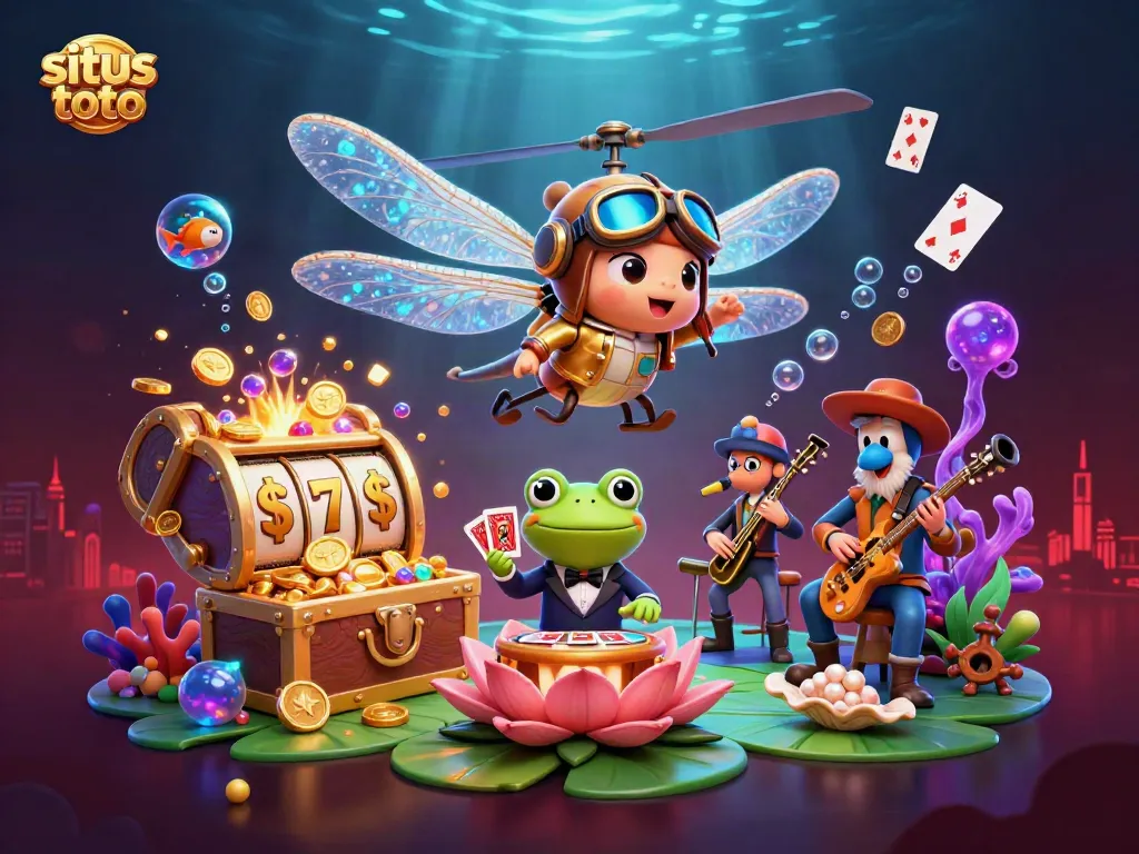 Mainkan permainan seru di situs toto dengan ilustrasi kasino yang mencolok dan karakter menarik.