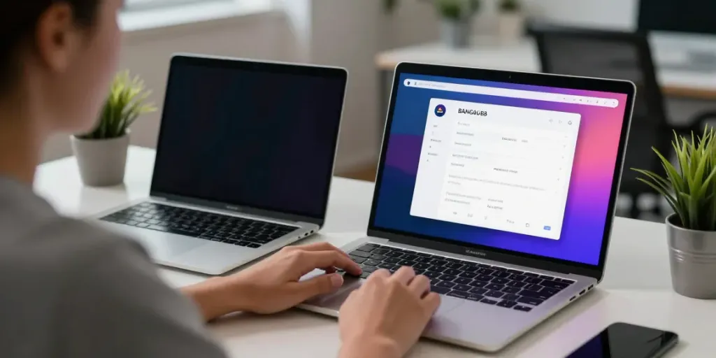 Pengguna menjelajahi platform BANGAU88 di laptop modern dengan suasana nyaman.