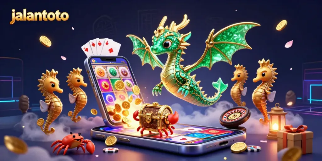Engage with jalantoto's vibrant casino experience featuring a treasure-laden scene with a sea dragon, slot games, and more.