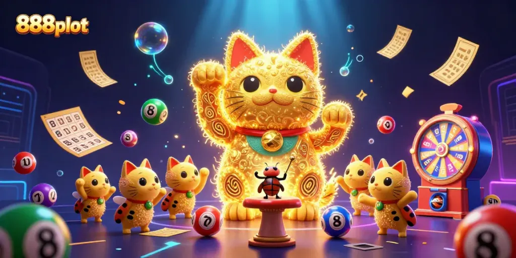 Experience the thrilling atmosphere of 888slot with a glowing lucky cat and vibrant gaming elements.
