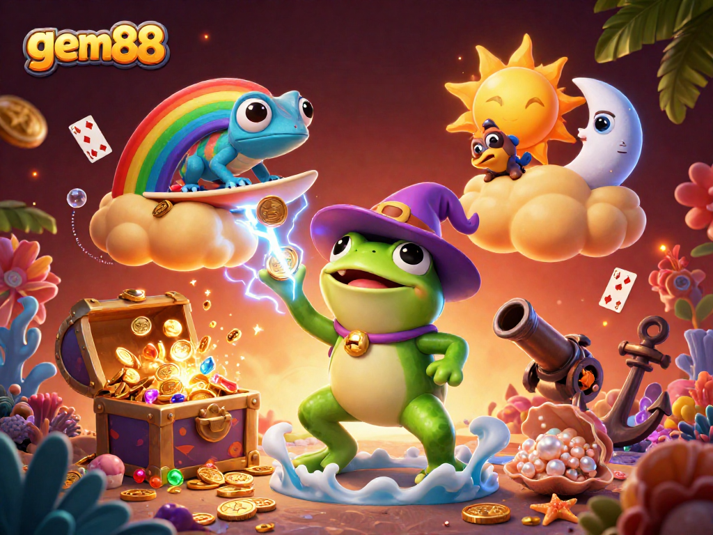 Play games and win with gem88's engaging 3D illustration depicting a vibrant casino atmosphere.