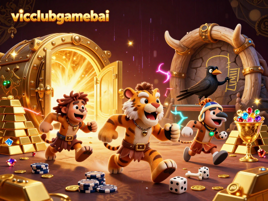 Experience the thrilling atmosphere of vicclubgamebai with cavemen and treasure in a prehistoric casino.