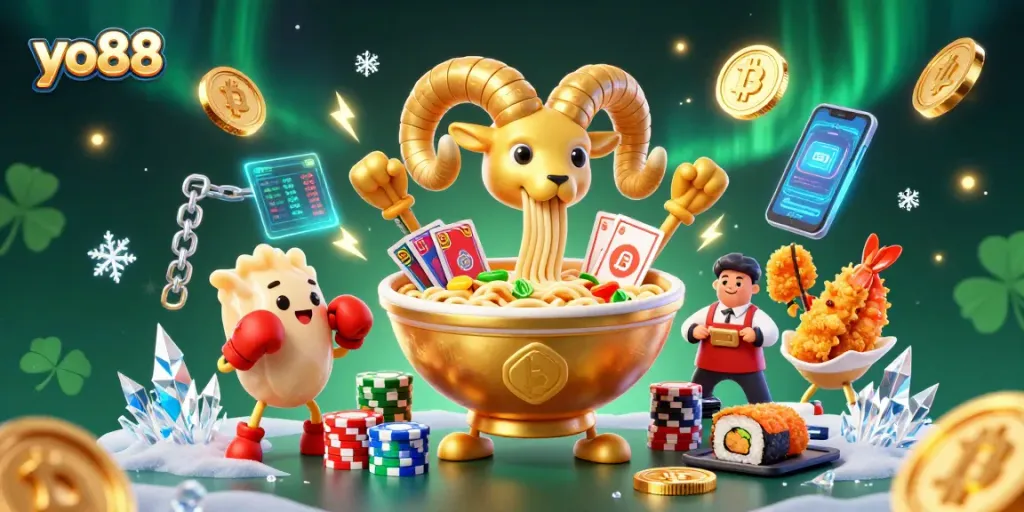 Join the action with yo88 as the golden ramen bowl deals cards in a vibrant casino scene.