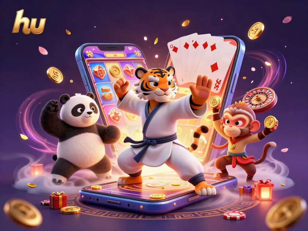Engaging scene with kung fu tiger and panda at hu casino, surrounded by vibrant slot games and coins.