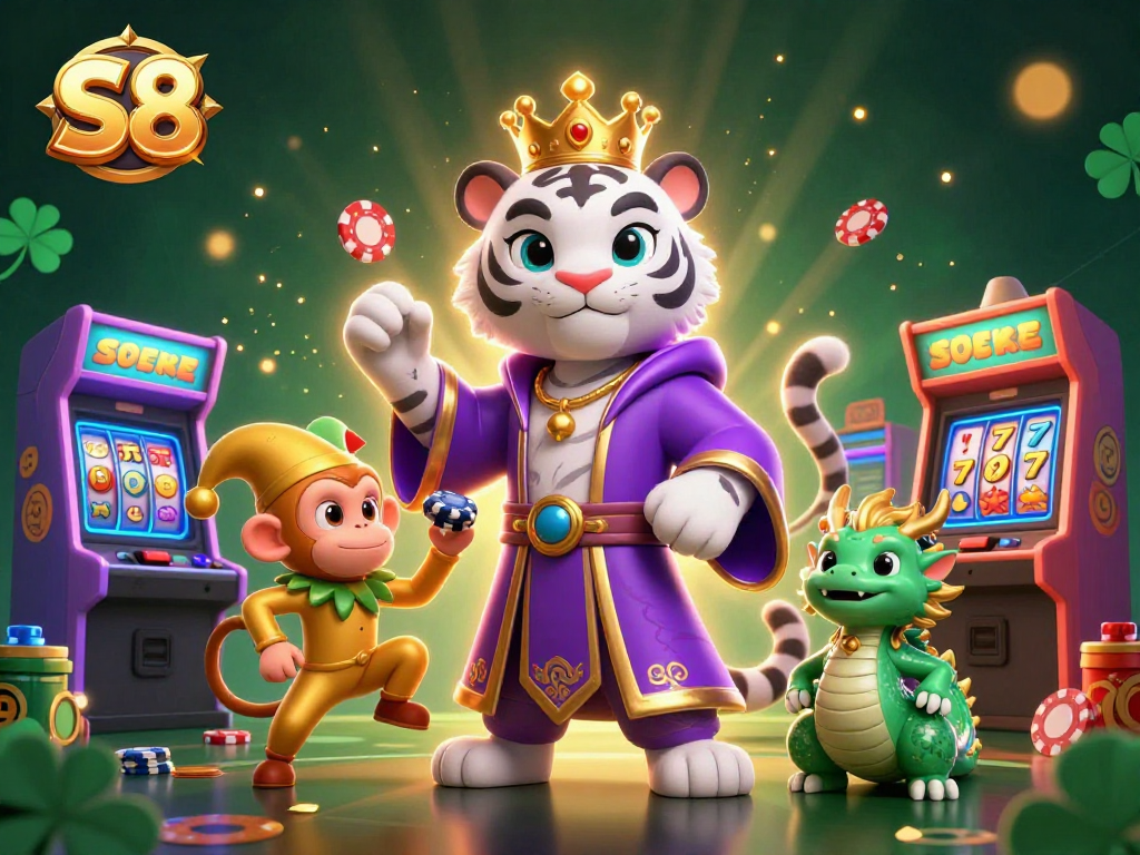 Engage with S8's thrilling slot games and enchanting characters in a vibrant digital casino.