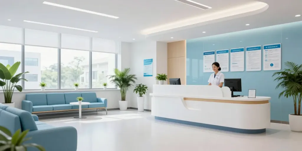 Situs slot within a calming healthcare environment showcasing patient care and doctor consultation in a modern health clinic.