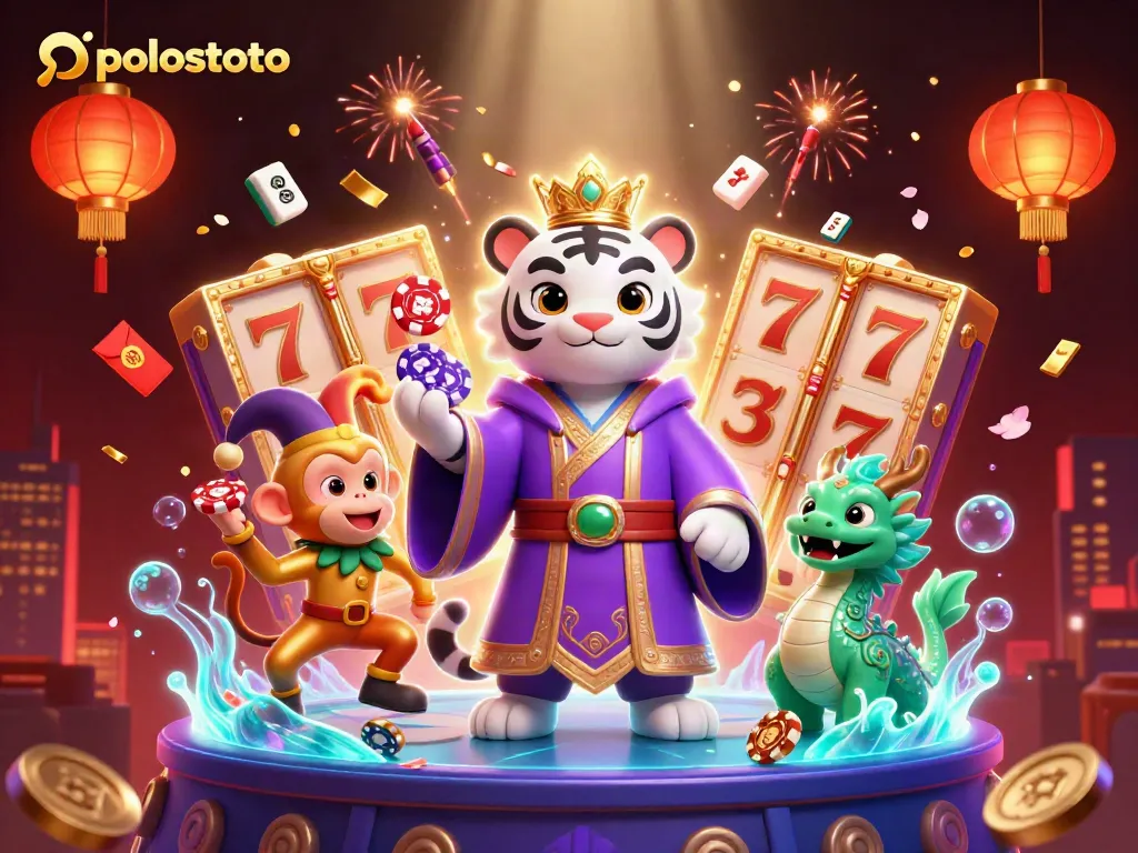 Experience the excitement of polostoto with vibrant characters and casino elements in a captivating 3D scene.