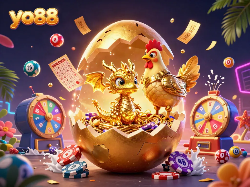 Win big with yo88's golden dragon revealing luck on poker chips amidst vibrant casino elements.