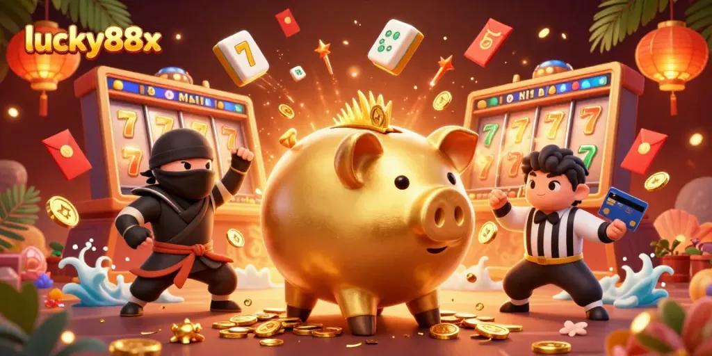 Experience exciting wins with lucky88x in a thrilling casino showdown featuring vibrant characters and elements.