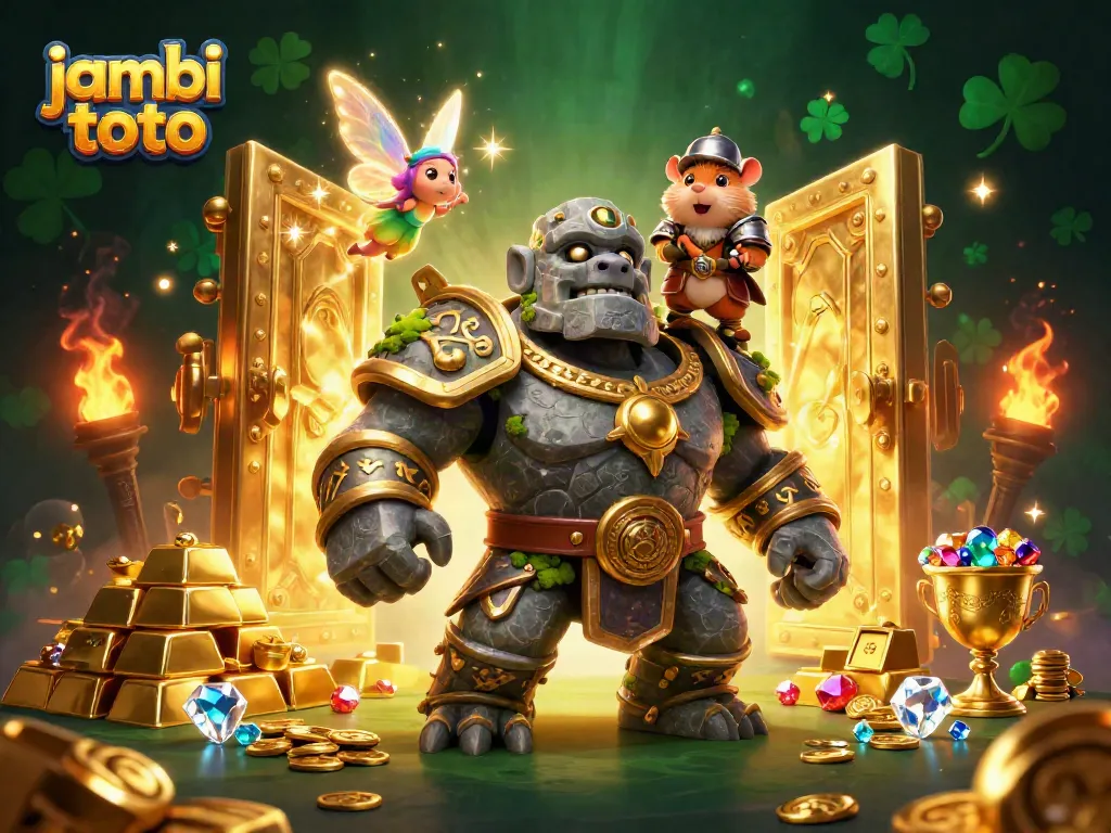 Engage in thrilling action with jambi toto, featuring a golem guardian and enchanted fairy amidst treasures.
