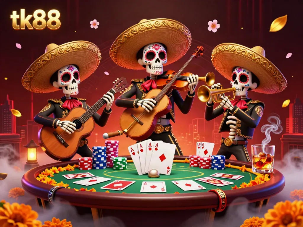 Engage in thrilling games at tk88 with a vibrant mariachi band and poker elements.