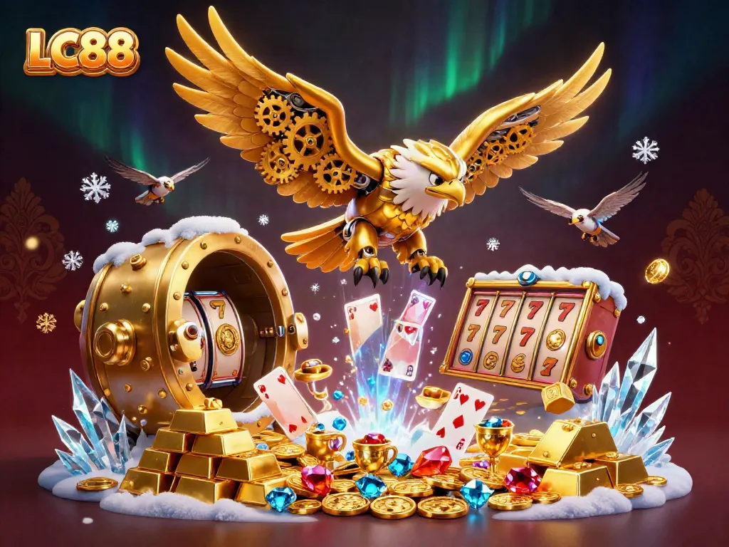 LC88 showcases thrilling jackpot gameplay amidst a spectacular display of gold and gaming treasures.