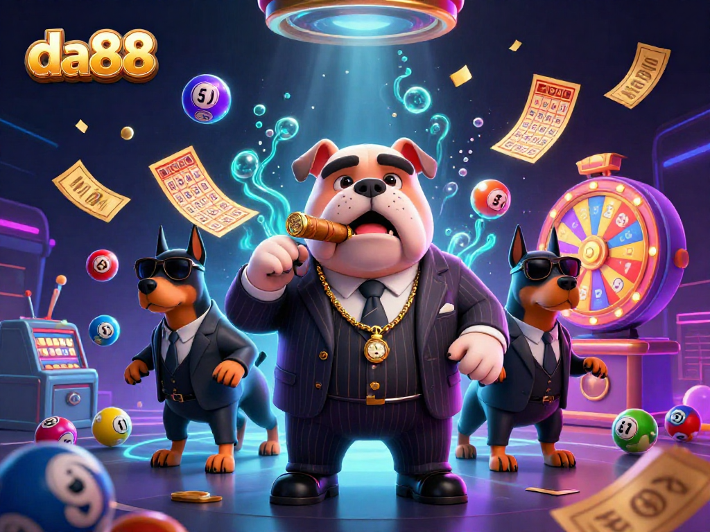 Engage with da88's vibrant casino atmosphere featuring animated lotto elements and characters.