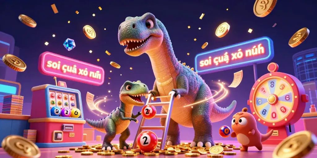 Engage with soi cầu xổ số at a vibrant lottery hall featuring colorful characters and sparkling elements.
