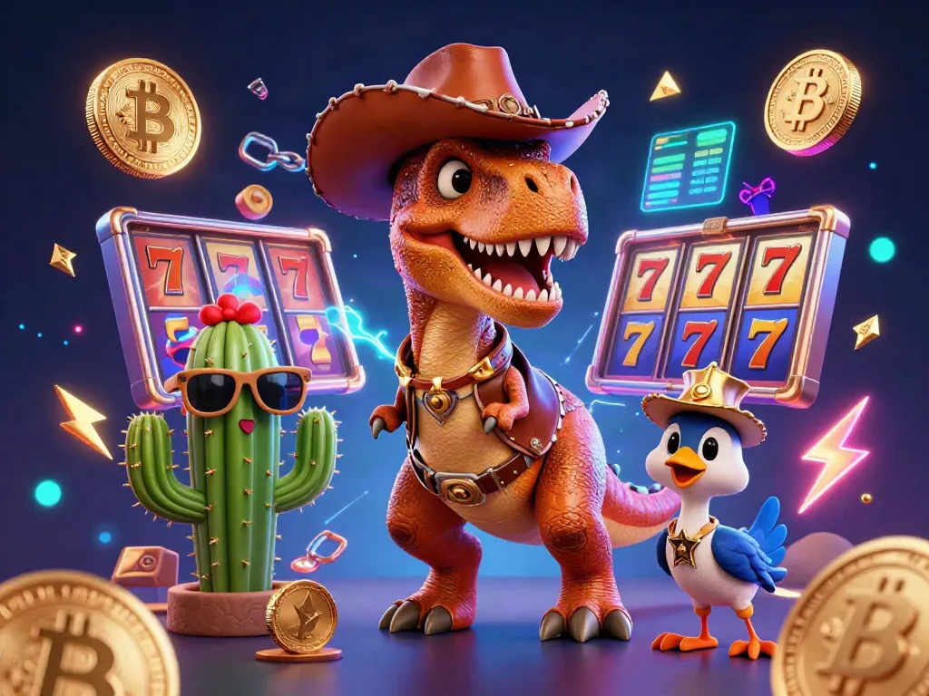 Engage with the dynamic mobile online casino scene showcasing a T-Rex and friends amid vibrant gaming elements.